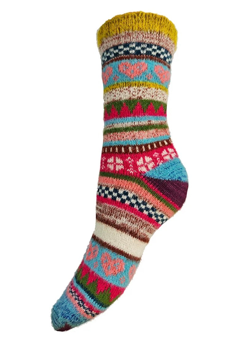 Scandi Hearts Ladies Wool Blend Socks - Pink