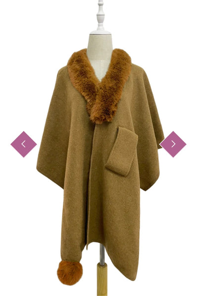 Faux Fur Trim Pull Through Wool Cape
