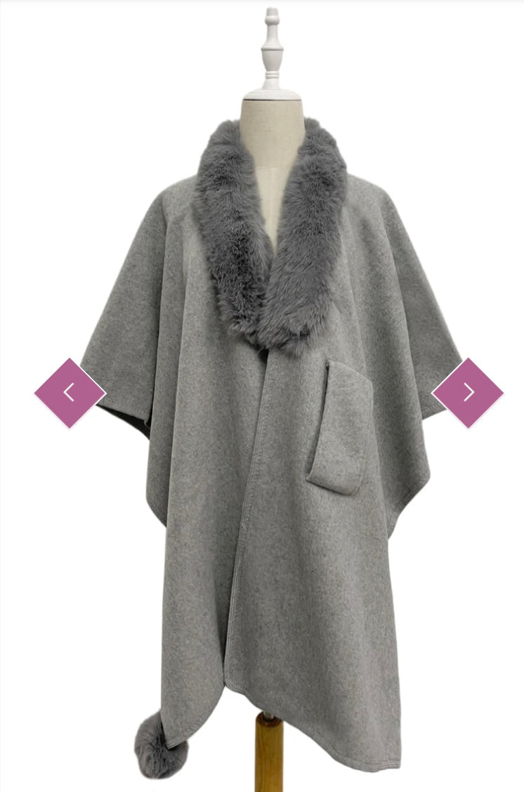 Faux Fur Trim Pull Through Wool Cape