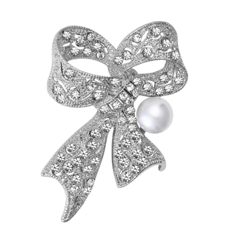 Silver Sparkling Bow & Pearl Brooch