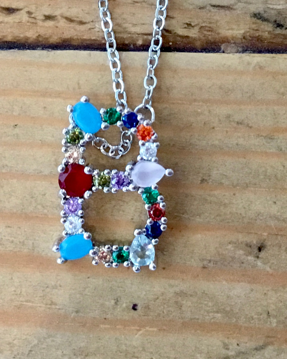 Silver  Gem Initial Necklace