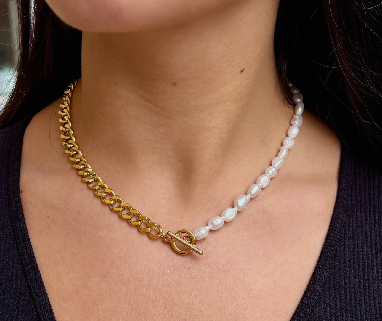 Fresh Water Pearl and Gold Plated Chain T Bar Necklace