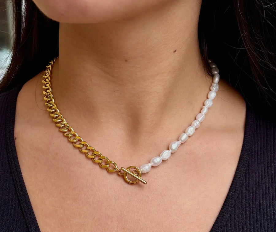 Fresh Water Pearl and Gold Plated Chain T Bar Necklace