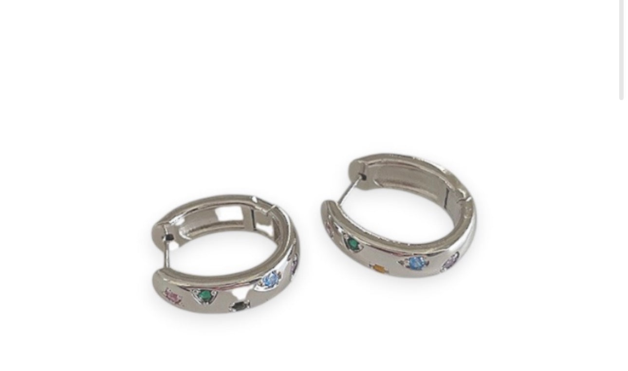 Rainbow Crystal Silver Huggie Earrings
