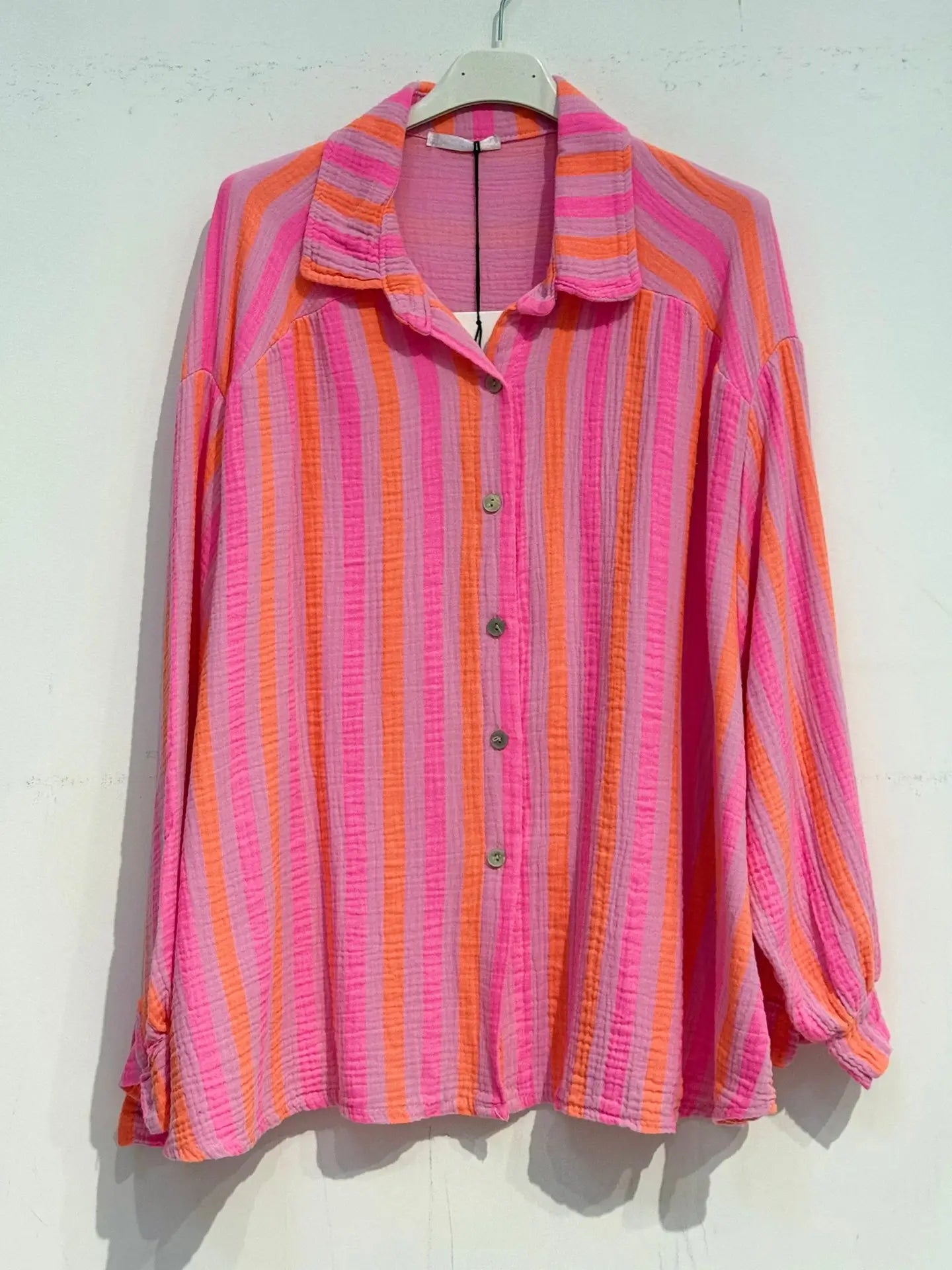Striped Cotton Gauze Shirt in Fuschia