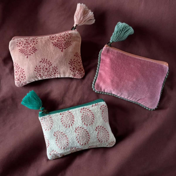 Pink/Green Trim Velvet Pouch Aurina Pop UP Ltd