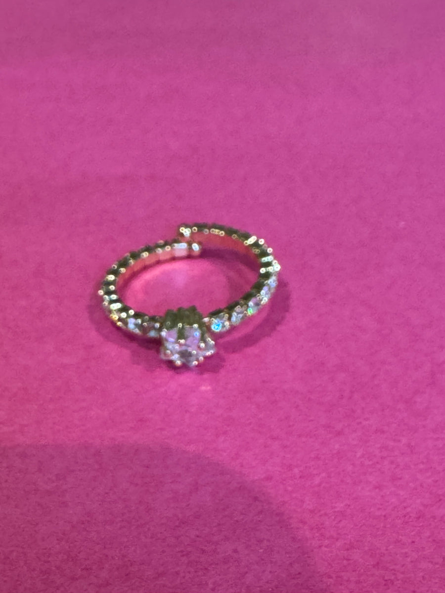 Silver Diamanté Solitaire Style Adjustable Ring