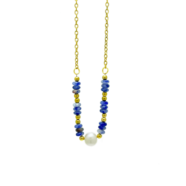 Freshwater pearl & natural stone bead necklace in deep blue