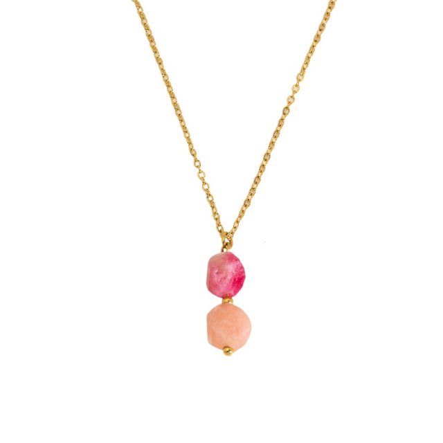 Geometric double natural stone bead necklace in pink & light orange