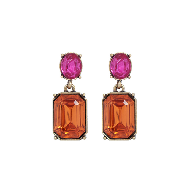Oval twin gem post earring in burnt orange & pink