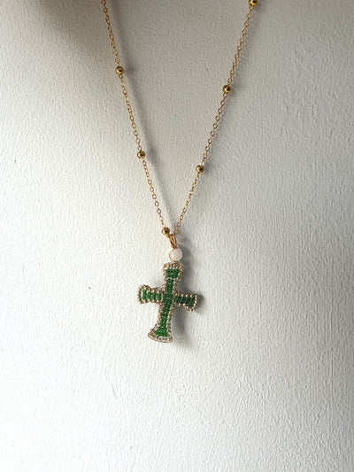 Hand beaded cross necklace in emerald green