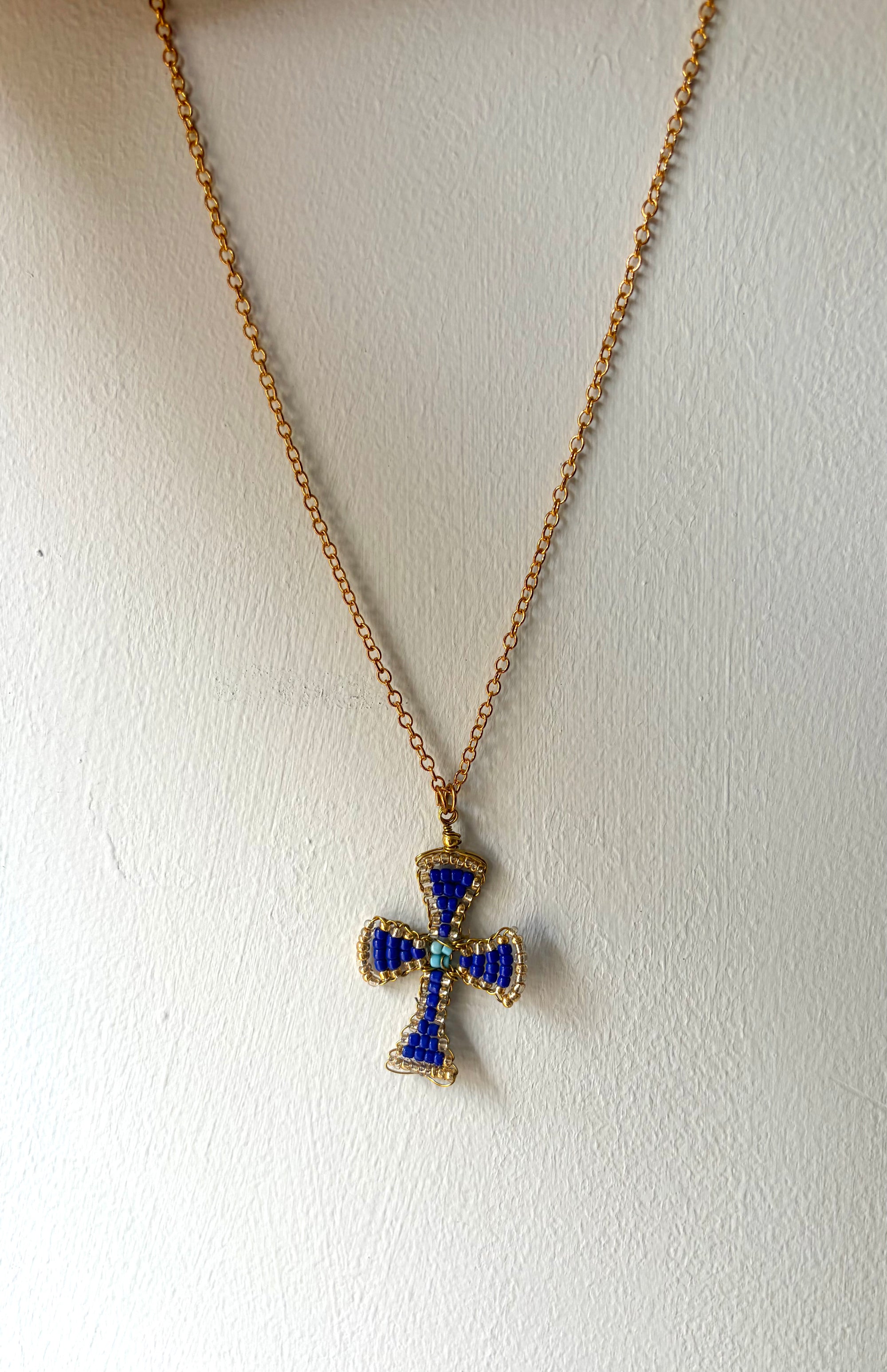 Hand beaded royal and baby blue cross necklace