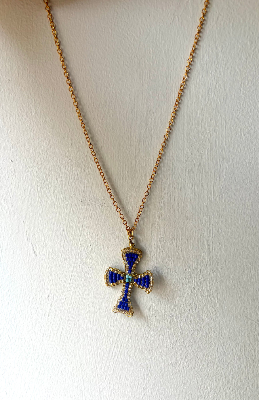 Hand beaded royal and baby blue cross necklace