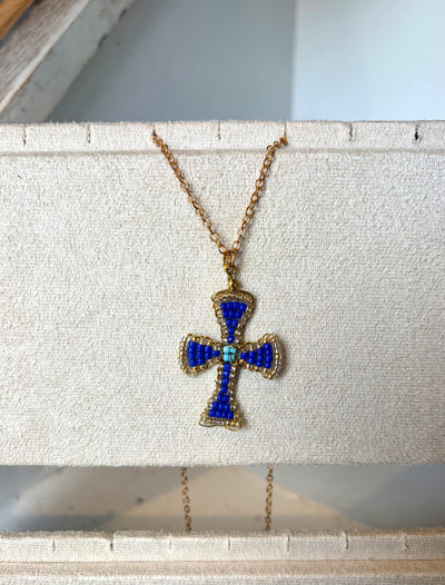 Hand beaded royal and baby blue cross necklace