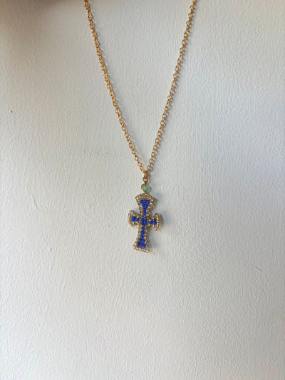 Hand beaded royal blue cross necklace