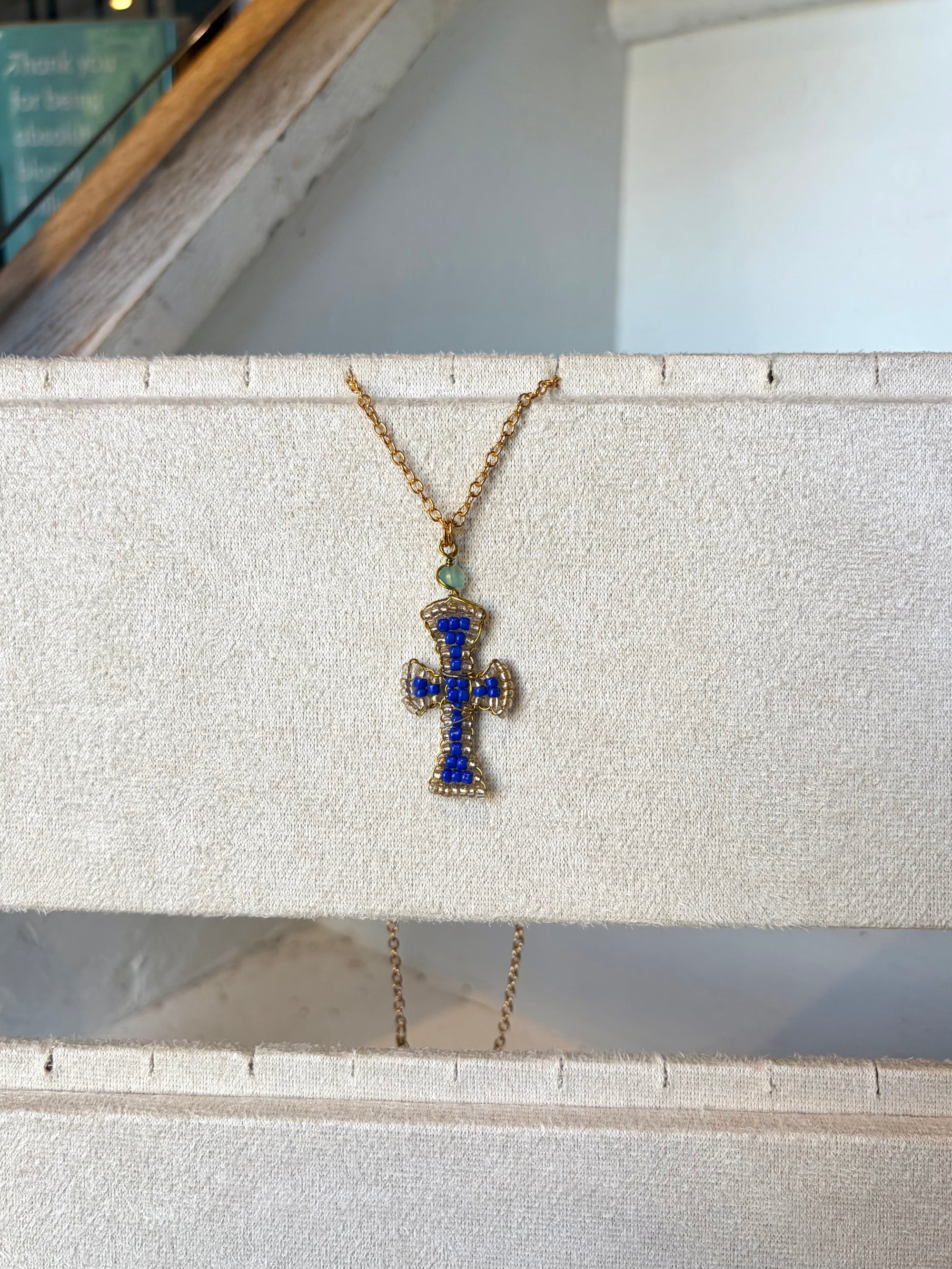 Hand beaded royal blue cross necklace