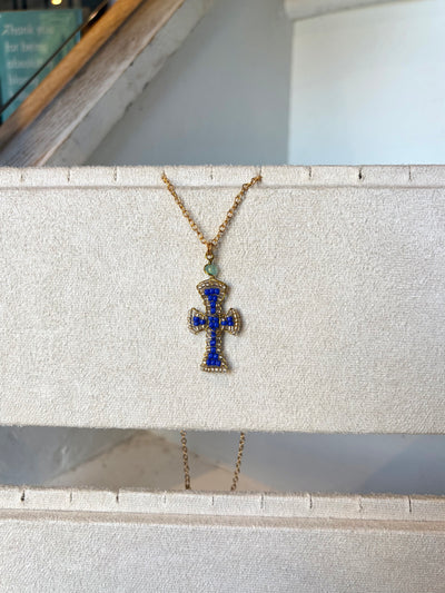Hand beaded royal blue cross necklace