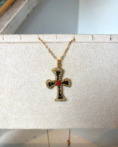 Hand beaded midnight black and vermillion cross necklace