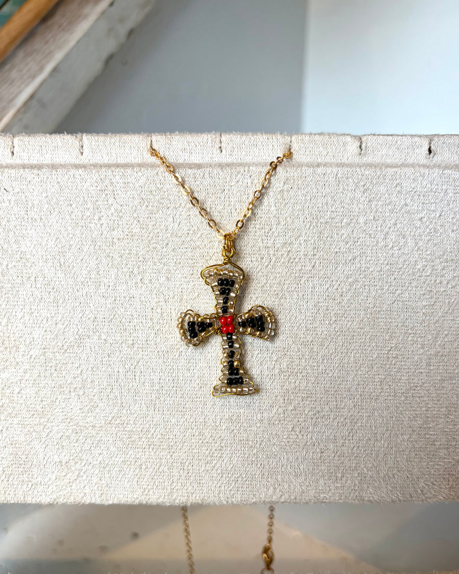 Hand beaded midnight black and vermillion cross necklace