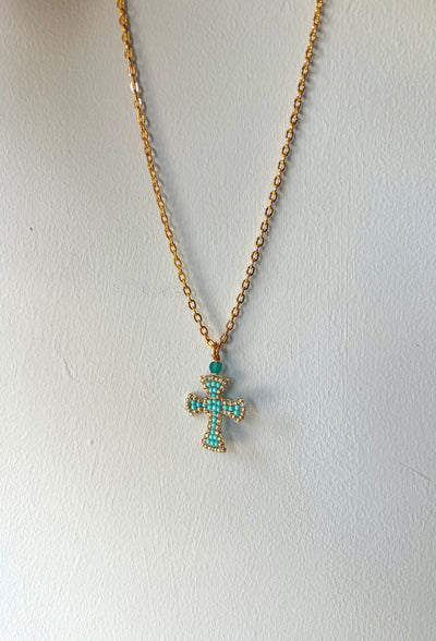 Hand beaded turquoise cross necklace