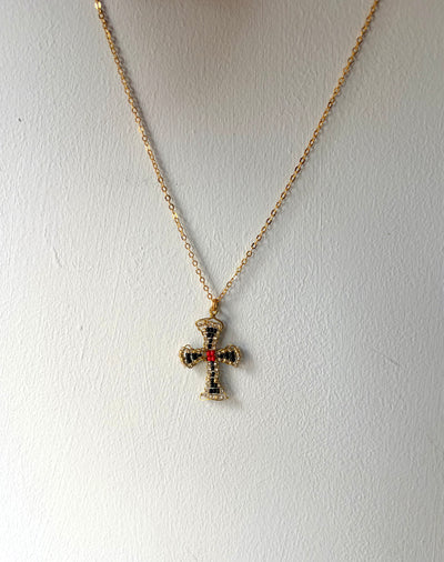 Hand beaded midnight black and vermillion cross necklace