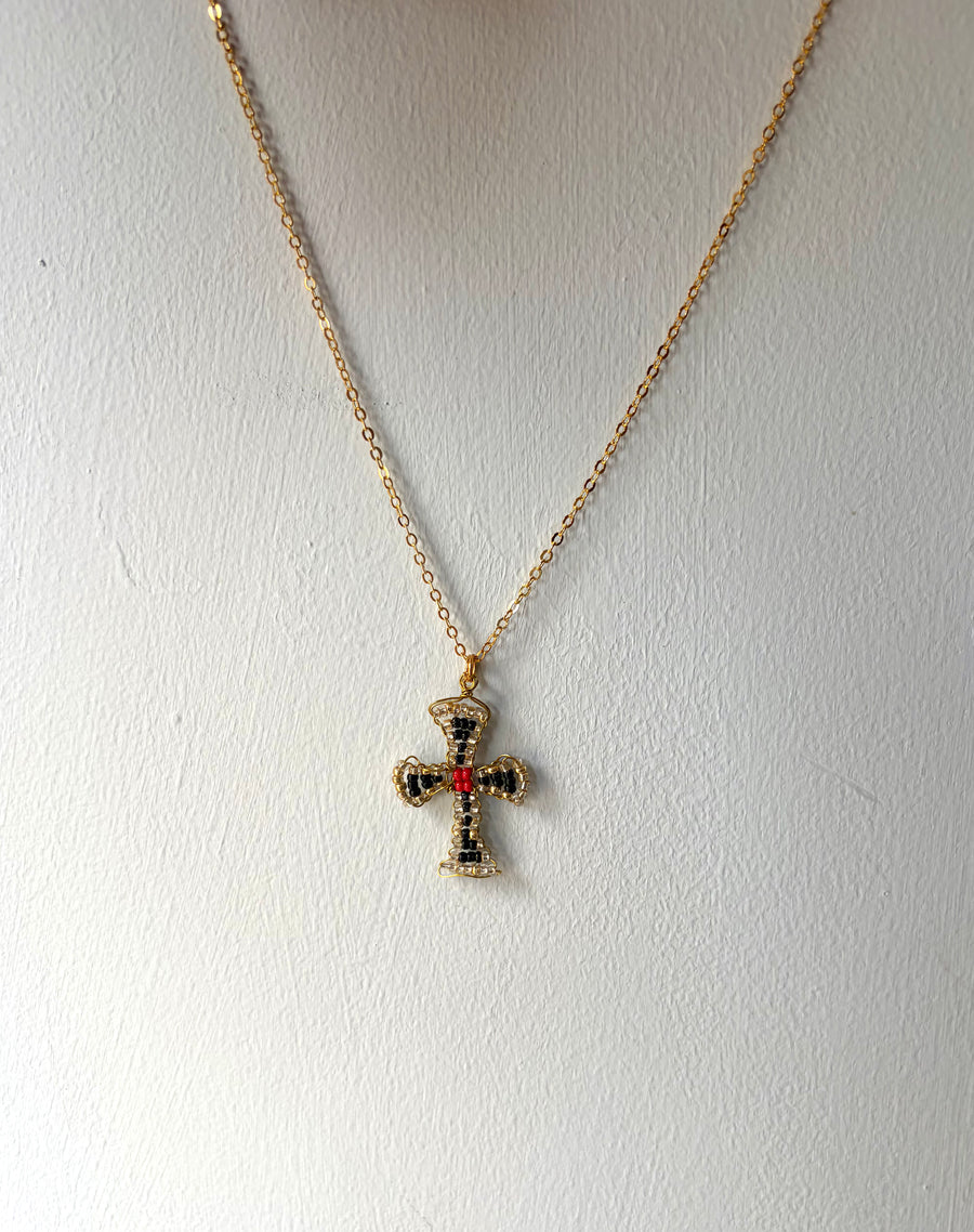 Hand beaded midnight black and vermillion cross necklace