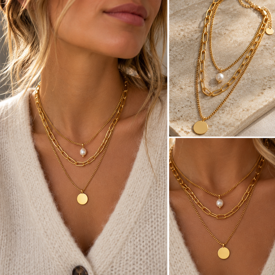 Gold Layered Pearl & Disc Necklace