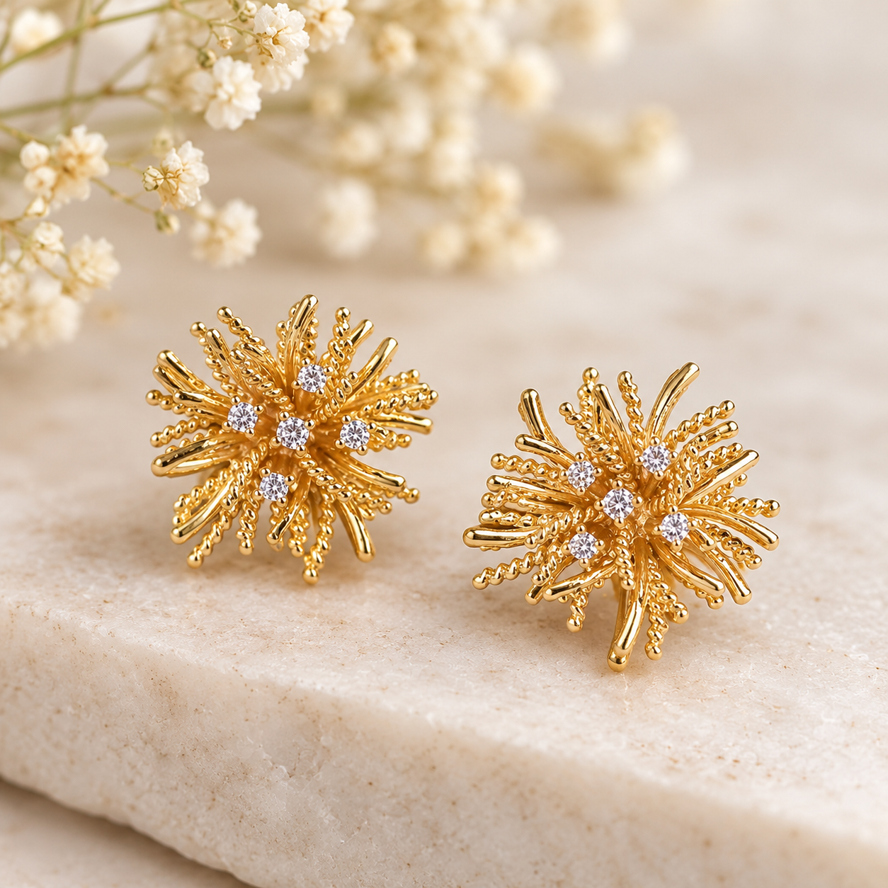 Gold Starburst & Cubic Zirconia Stud Earrings