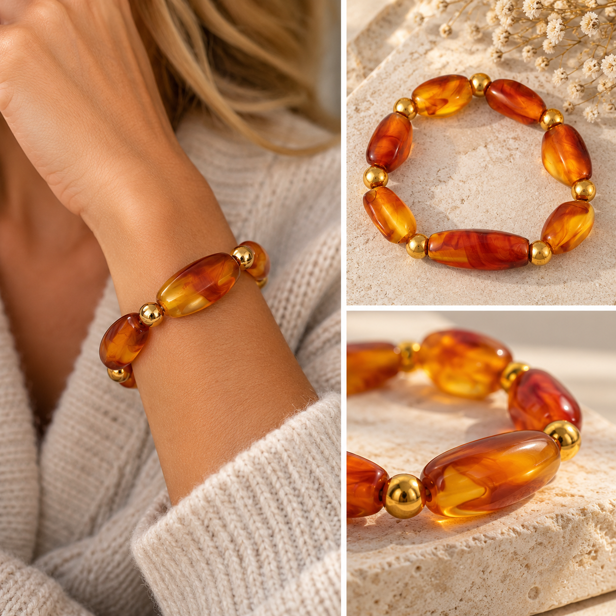 Amber Tortoiseshell & Gold Beaded Bracelet