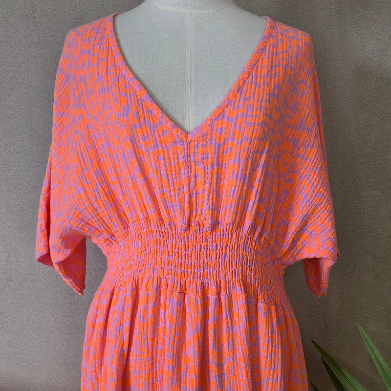 Aurina Pop UP Ltd waffle cotton neon orange leopard dress close-up of neckline