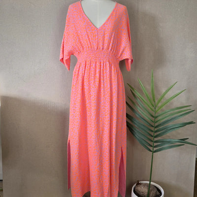 Aurina Pop UP Ltd waffle cotton neon orange leopard dress front view