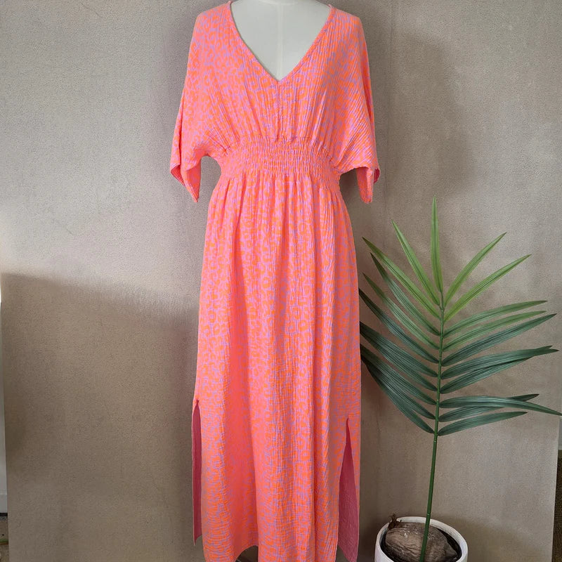 Aurina Pop UP Ltd waffle cotton neon orange leopard dress front view