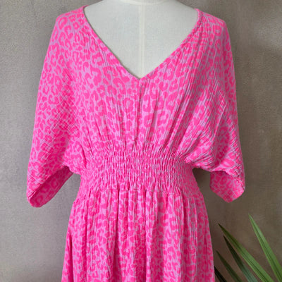 Waffle Cotton Neon Pink Leopard Dress