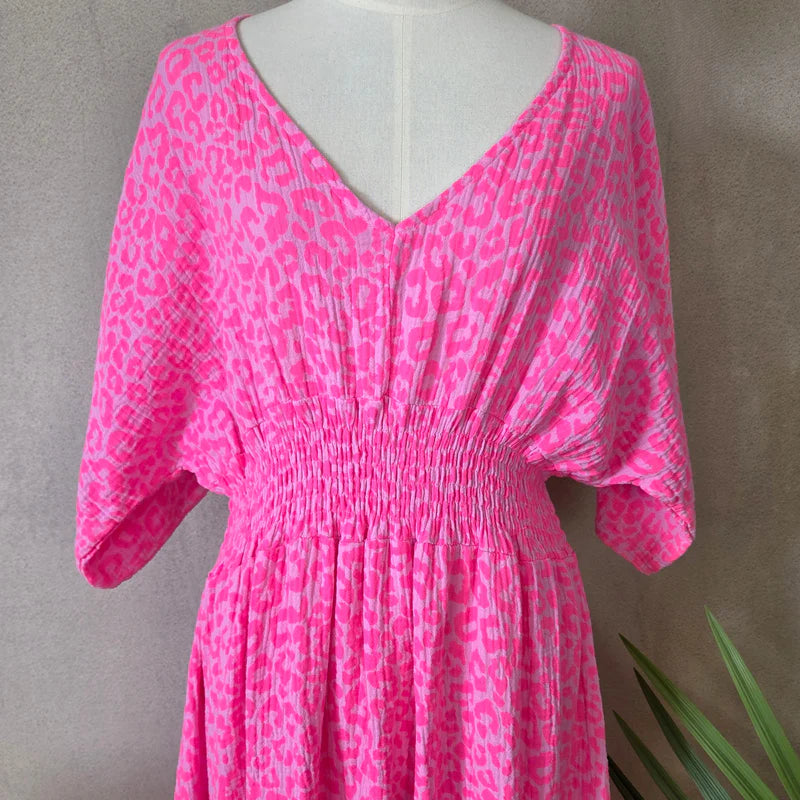 Waffle Cotton Neon Pink Leopard Dress
