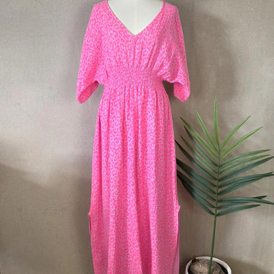 Waffle Cotton Neon Pink Leopard Dress