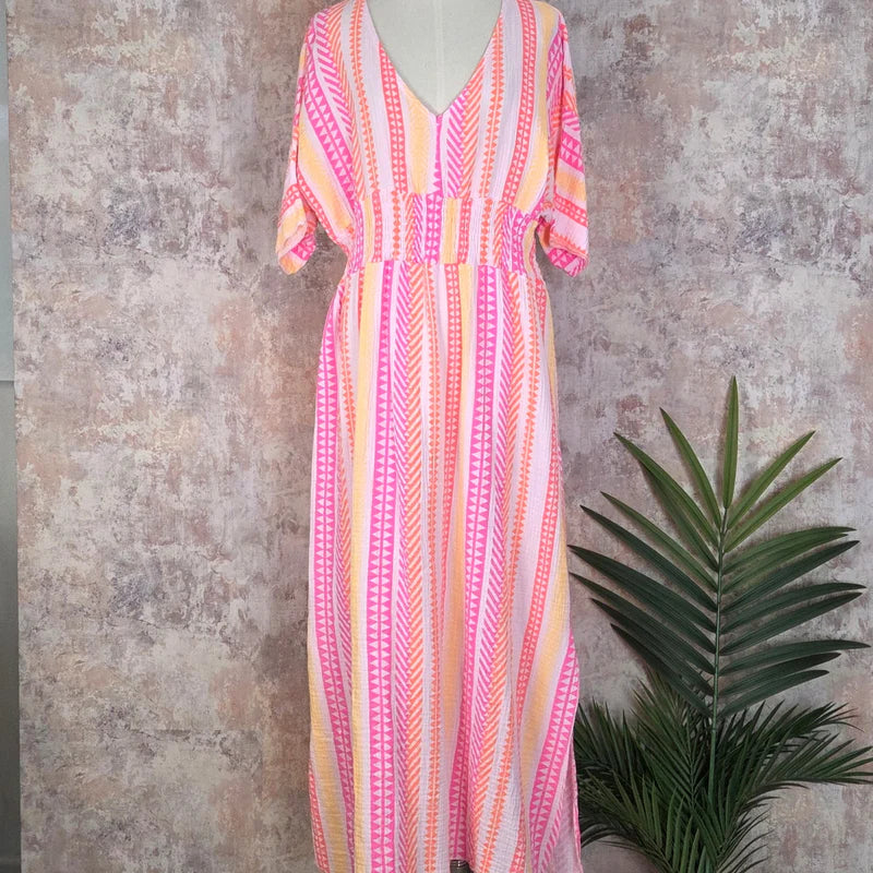 Waffle Cotton Neon Pink Aztec Dress