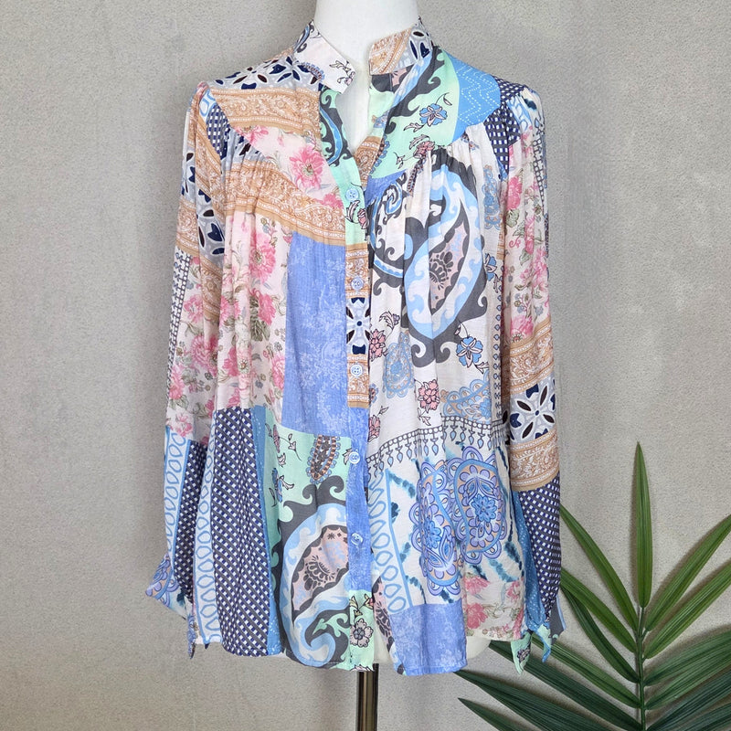 Paisley Print Boho Blouse - Light Blue