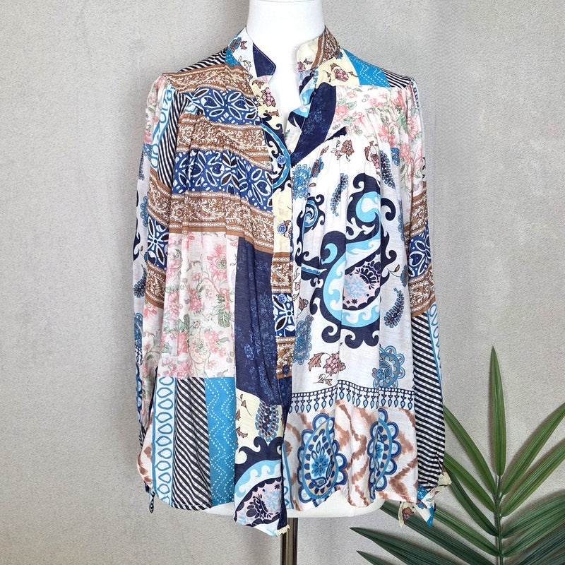 Paisley Print Boho Blouse - Navy