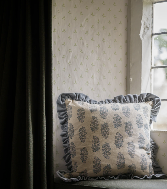 Vintage Style Denim Floral Block Print Cushion