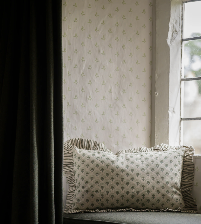 Fanflower Block Printed Cushion - Forest Green