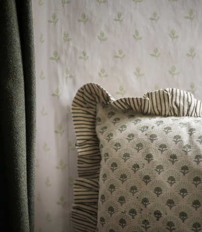 Fanflower Block Printed Cushion - Forest Green