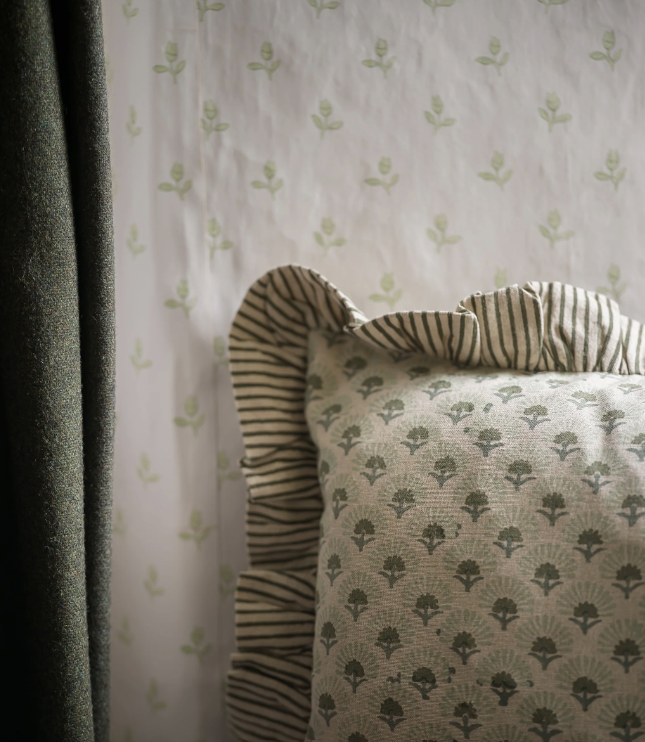 Fanflower Block Printed Cushion - Forest Green