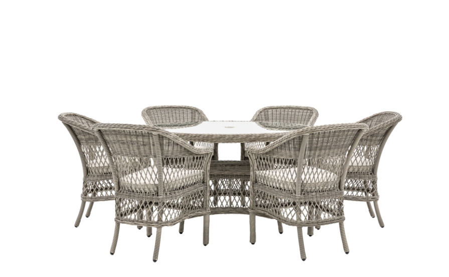 Aurina Pop UP Ltd Menton round garden dining table with six chairs, grey woven design, main view