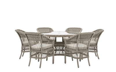 Aurina Pop UP Ltd Menton round garden dining table with six chairs, grey woven design, main view