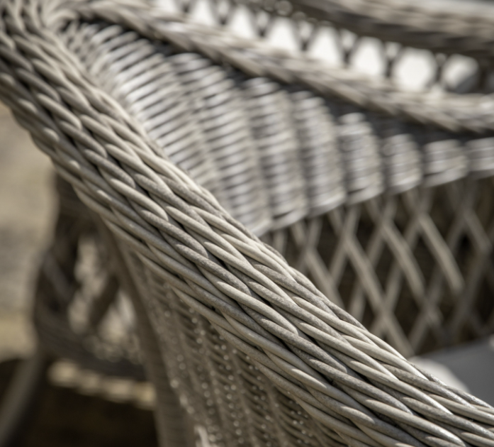 Aurina Pop UP Ltd Menton round garden dining table chair detail, close-up of grey woven texture