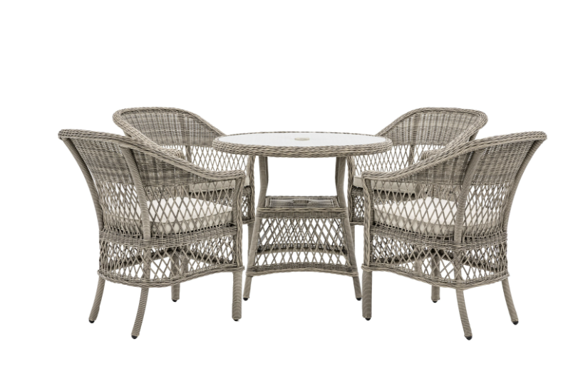 Aurina Pop UP Ltd Menton round garden dining table with four chairs, woven design, main view