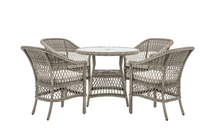 Aurina Pop UP Ltd Menton round garden dining table with four chairs, woven design, main view