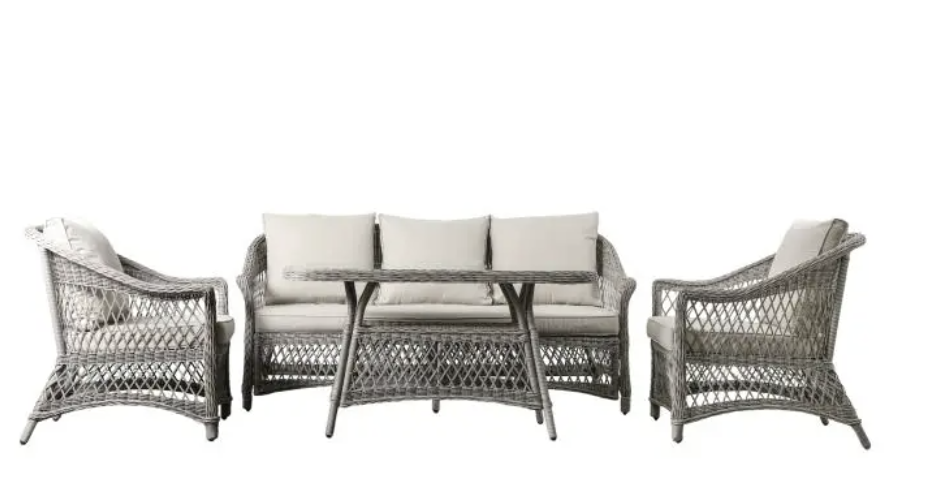 Aurina Menton Garden Sofa Set gray wicker sofa with cream cushions, front view