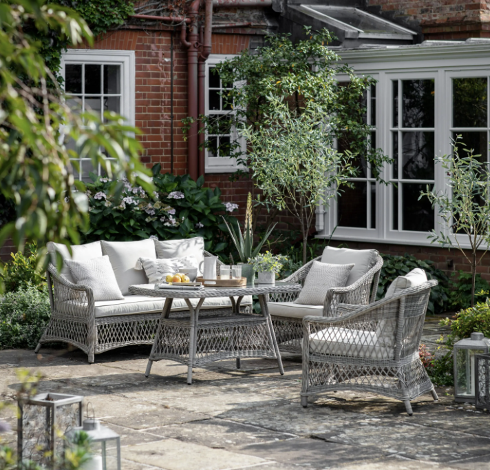 Aurina Menton Garden Sofa Set gray wicker sofa set in garden setting, lifestyle view