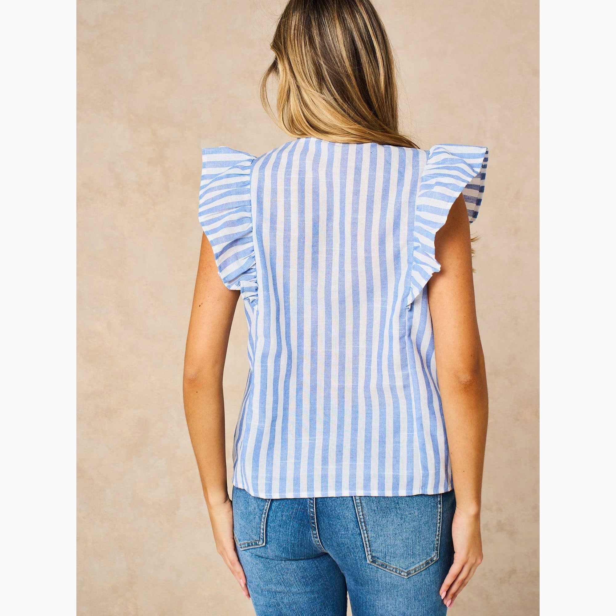 Embroidered Striped Ruffle Sleeve Cotton Shirt in Blue